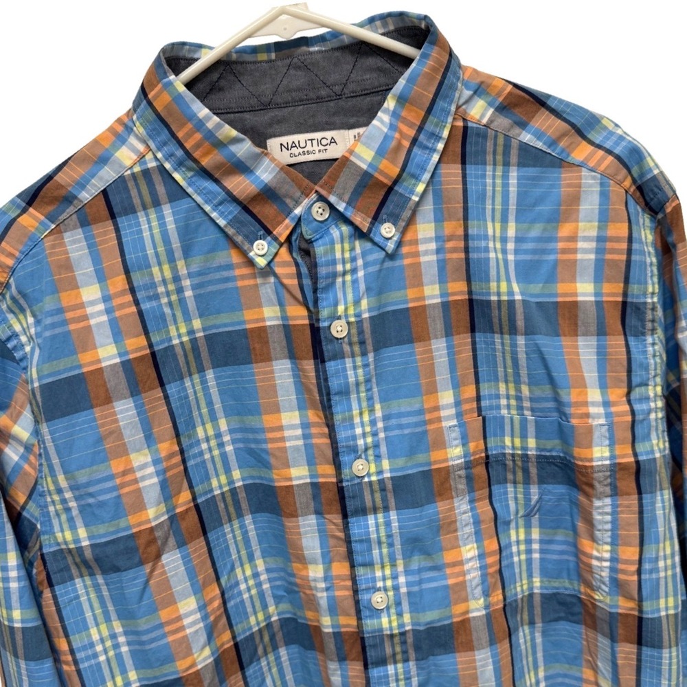 Nautica Mens XL Classic Fit Plaid Button Down Shirt Blue Orange Cotton WR8442